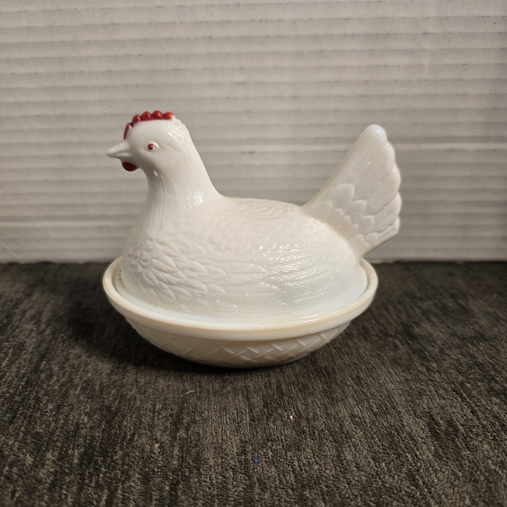 Vintage Milk Glass Hen on Nest Trinket Dish White Basketweave Bowl Retro